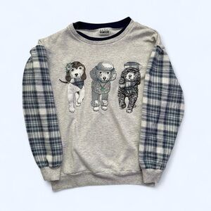 Vintage Gray Plaid Sleeve Dog Print Light Sweatshirt M